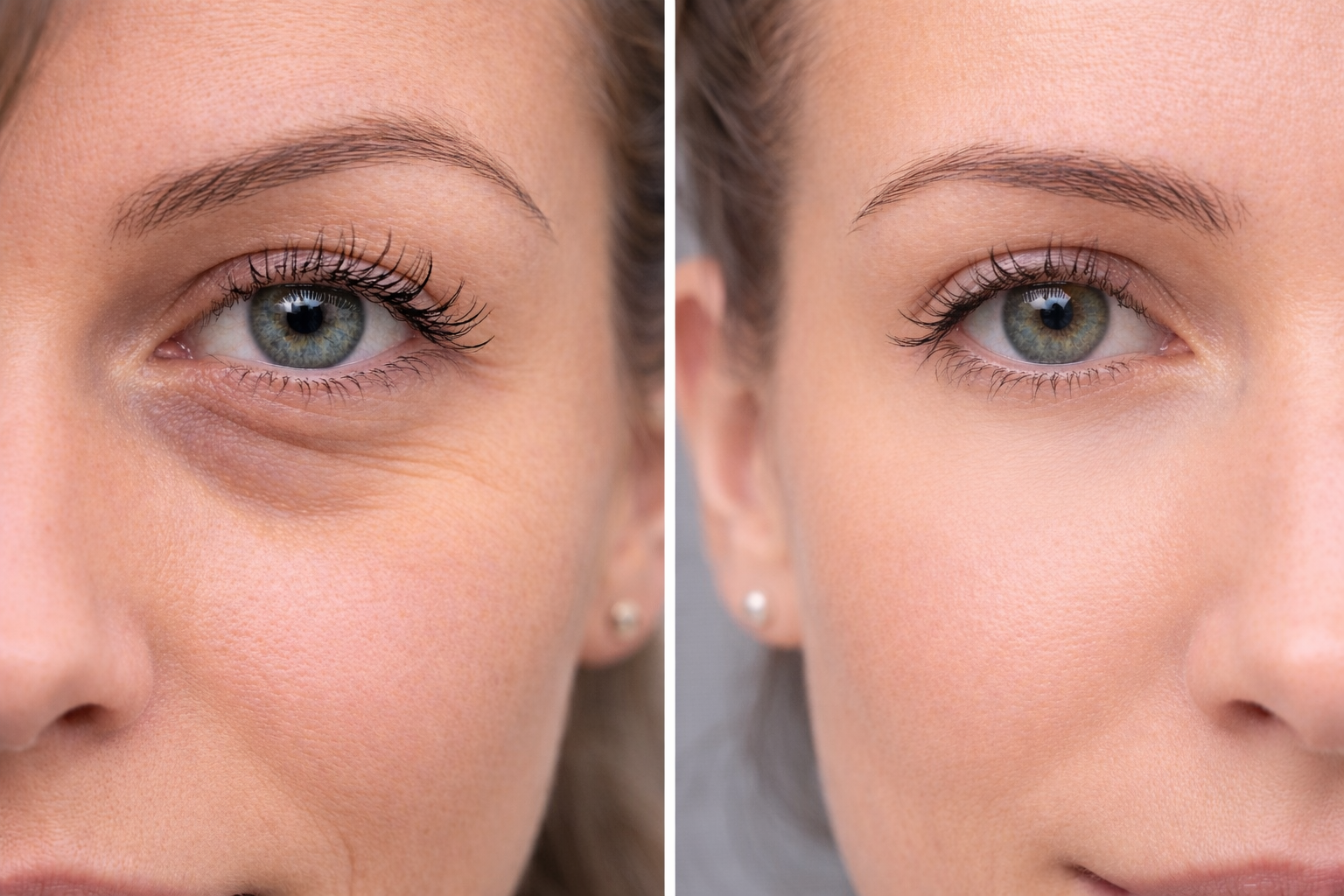 Close-up of a woman's eye before and after makeup application.