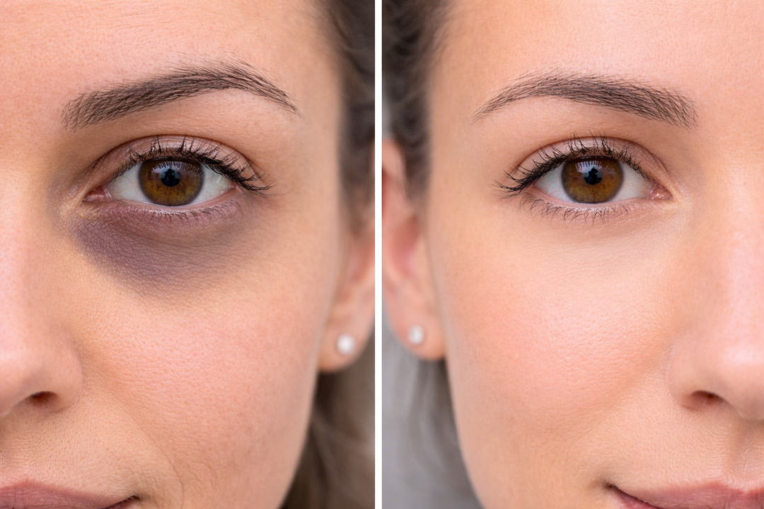 Before and after comparison of a woman's eye makeup application.
