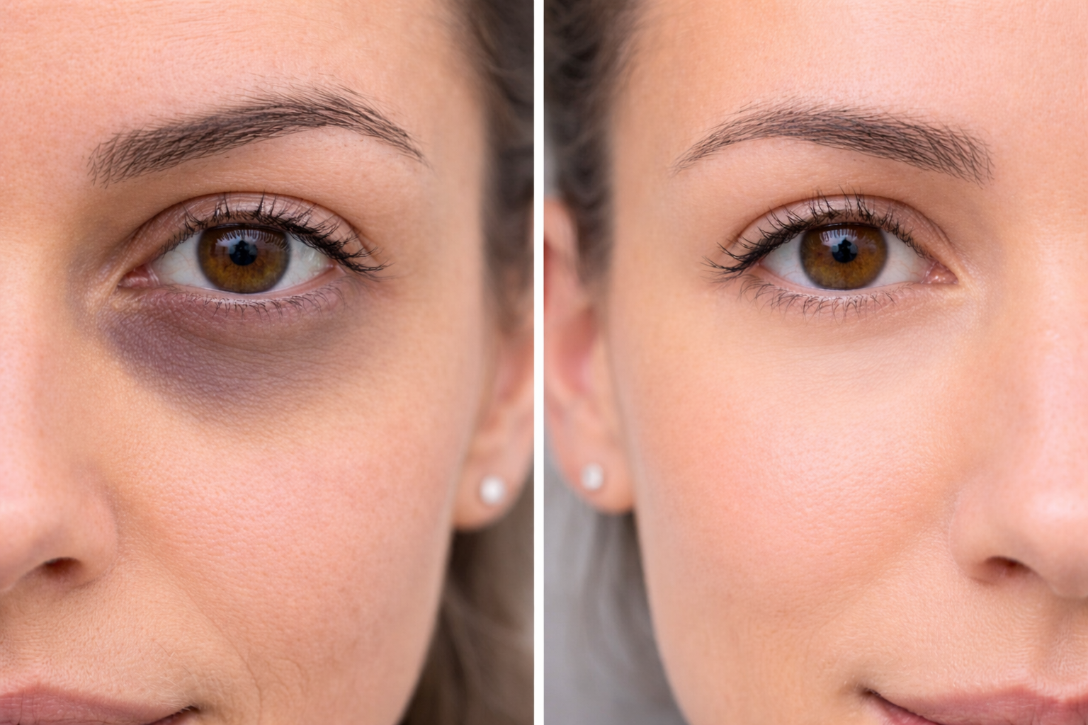 Before and after comparison of a woman's eye makeup application.