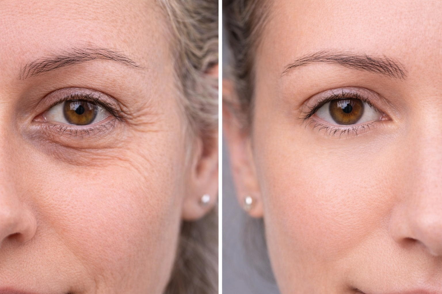 Before and after comparison of a woman's eye area with visible aging signs.