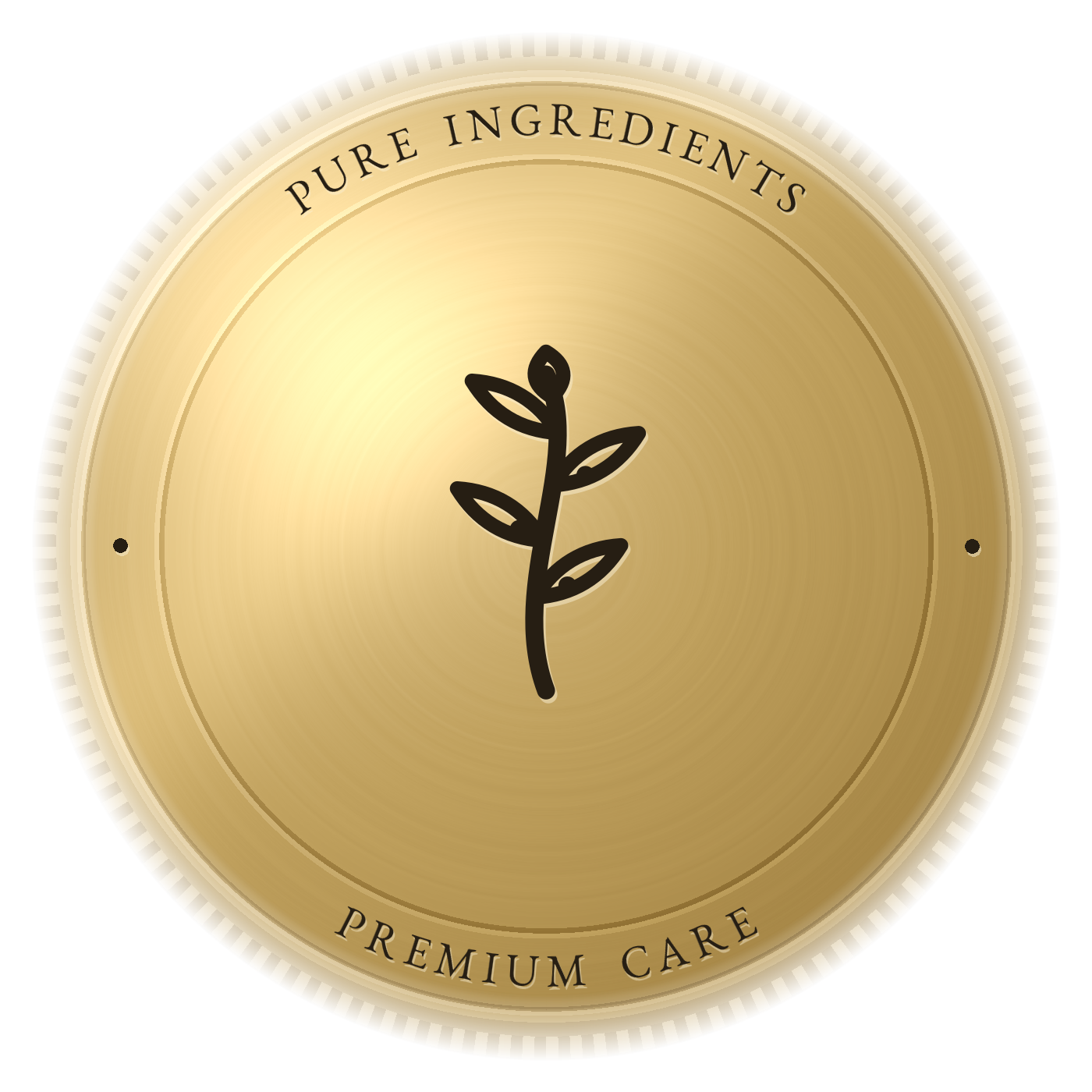 Pure ingredients, premium care — minted gold seal with botanical sprig